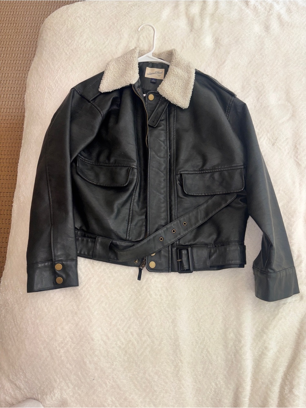 Black Faux Leather Sherpa Collar Jacket - Women